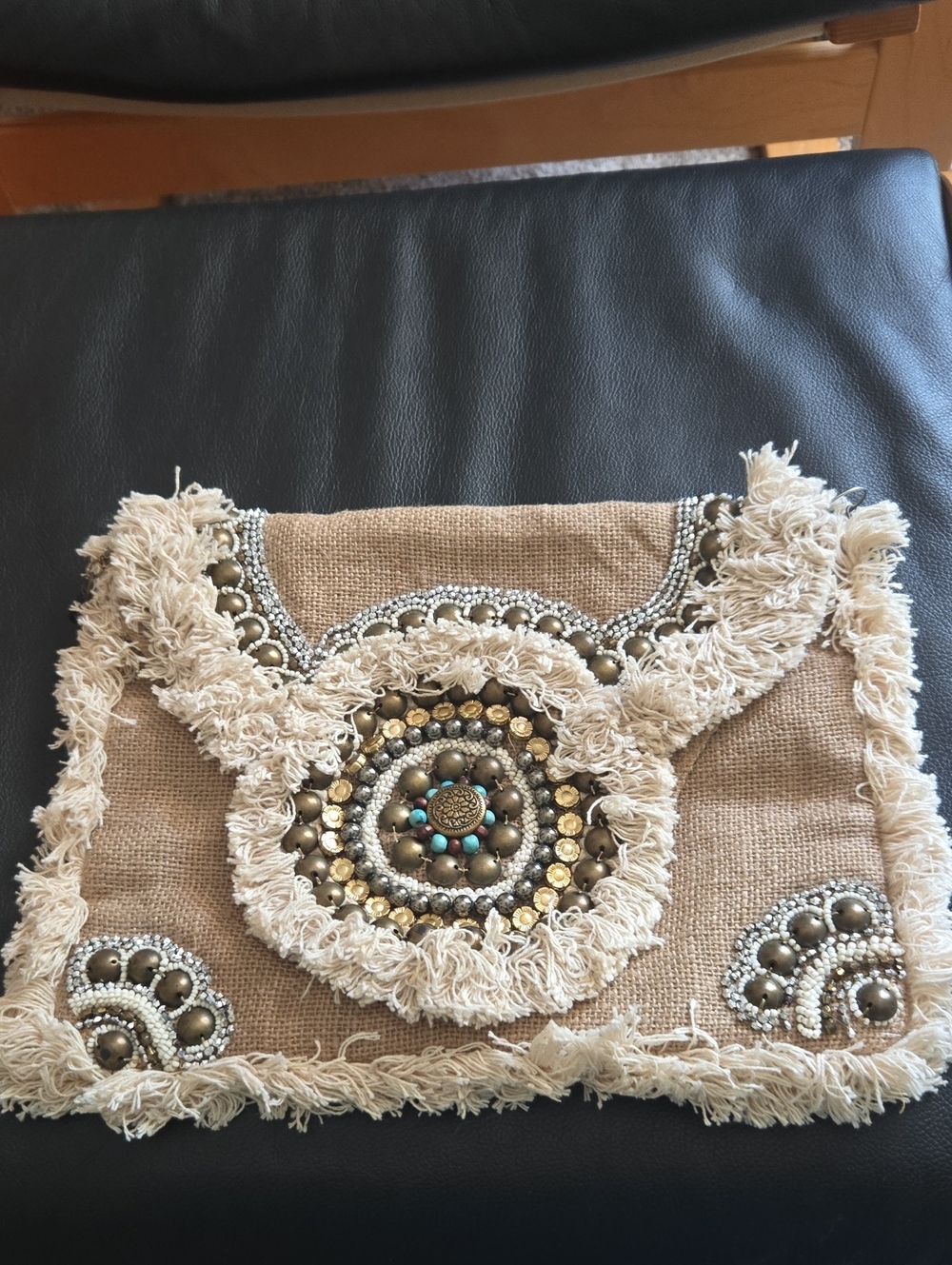 Boho Embellished Fringe Clutch in Natural